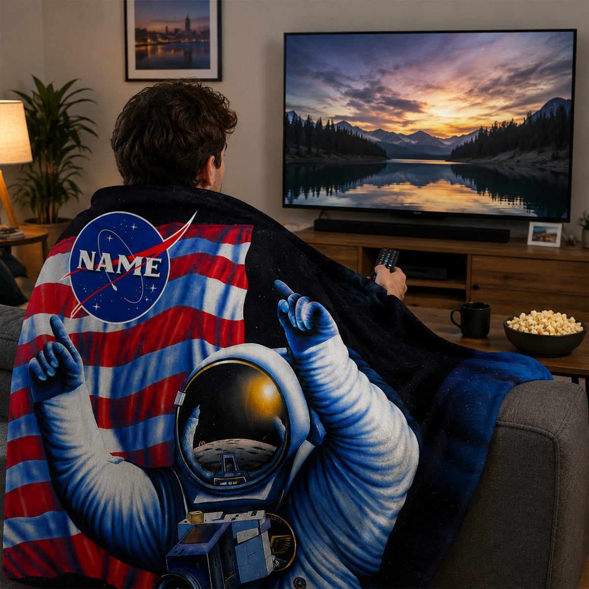 Child wrapped in personalized American astronaut throw blanket as birthday space gift
