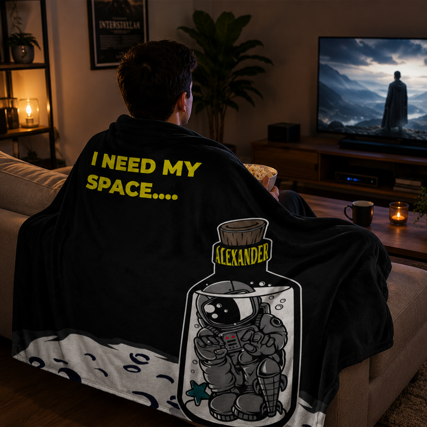 Person wrapped in I need my space personalized blanket as funny birthday gift
