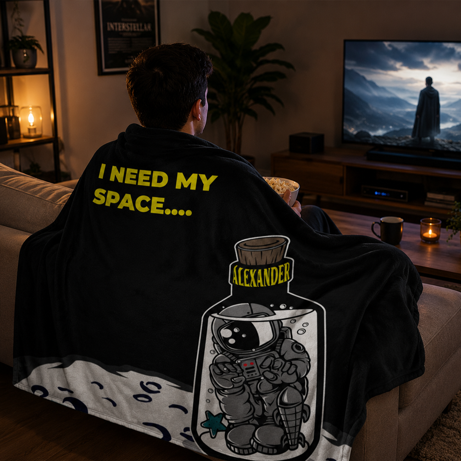 Person wrapped in I need my space personalized blanket as funny birthday gift
