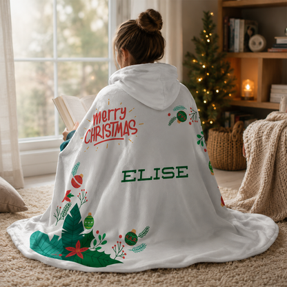 Person wearing personalized Merry Christmas hooded blanket as thoughtful holiday gift
