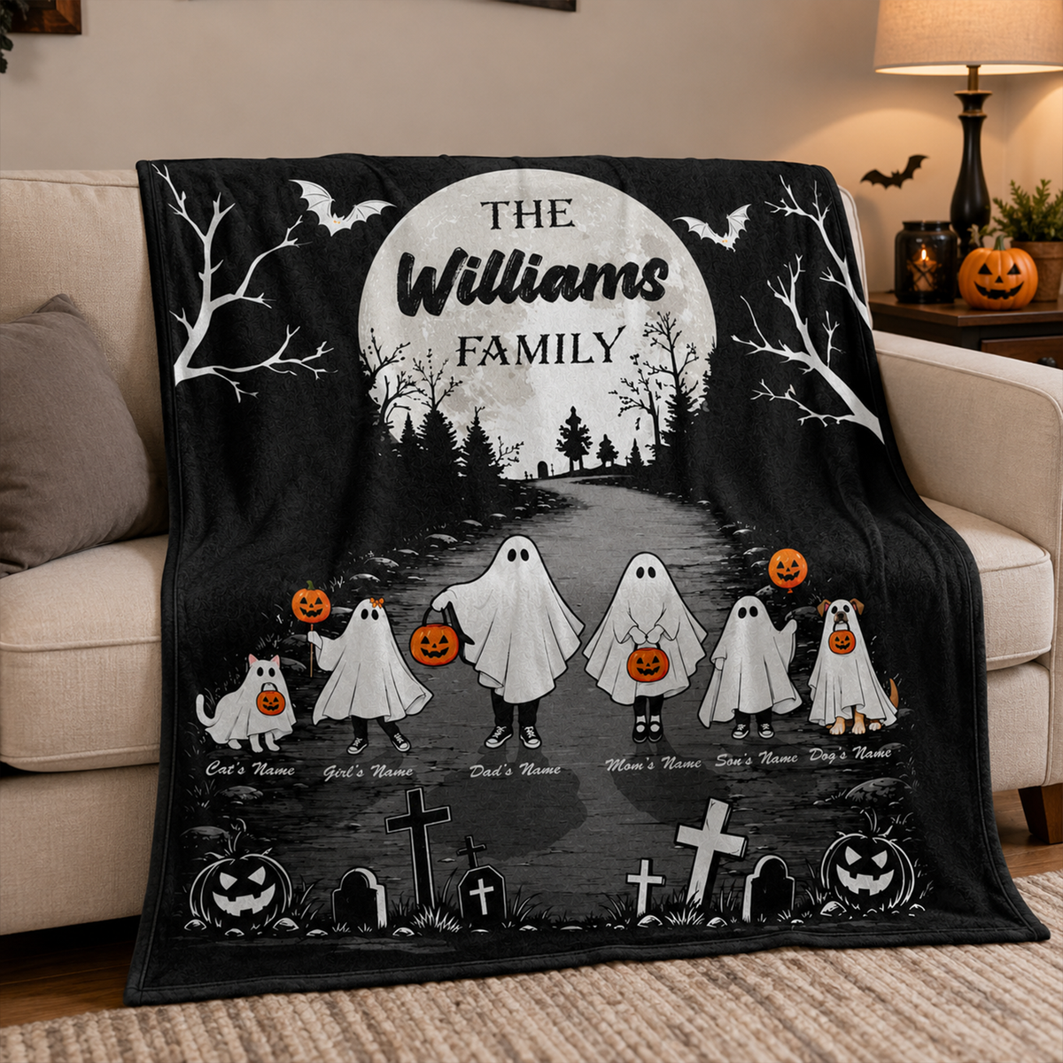 Personalized Halloween Ghost Family Fleece Blanket with Custom Names