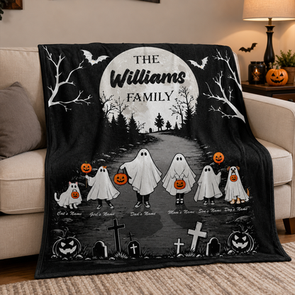 Personalized Halloween Ghost Family Fleece Blanket with Custom Names