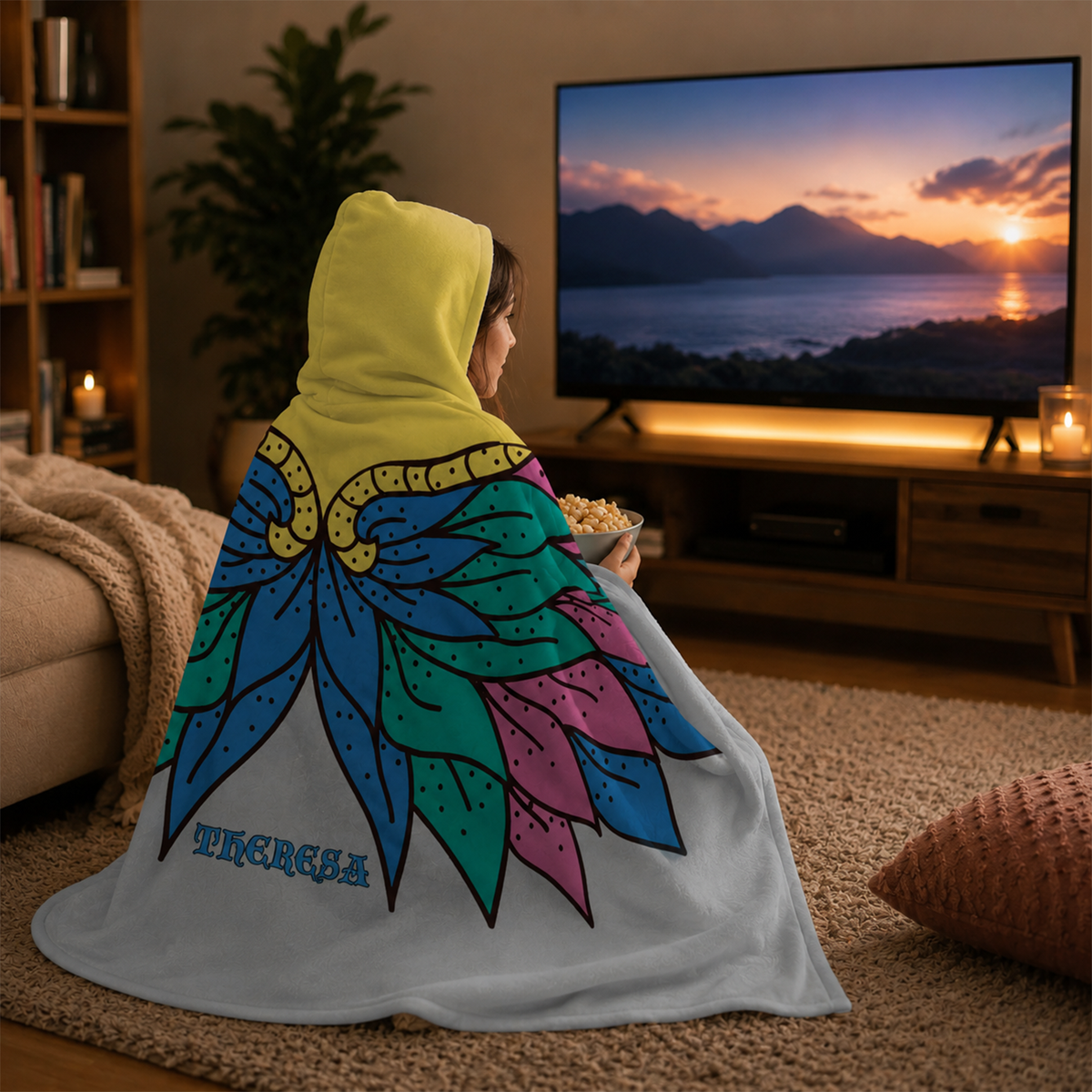 Close-up of custom name on floral wings Minky fleece hooded wearable blanket

