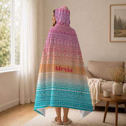 Close-up of custom name on aztec ombre Minky fleece hooded wearable blanket

