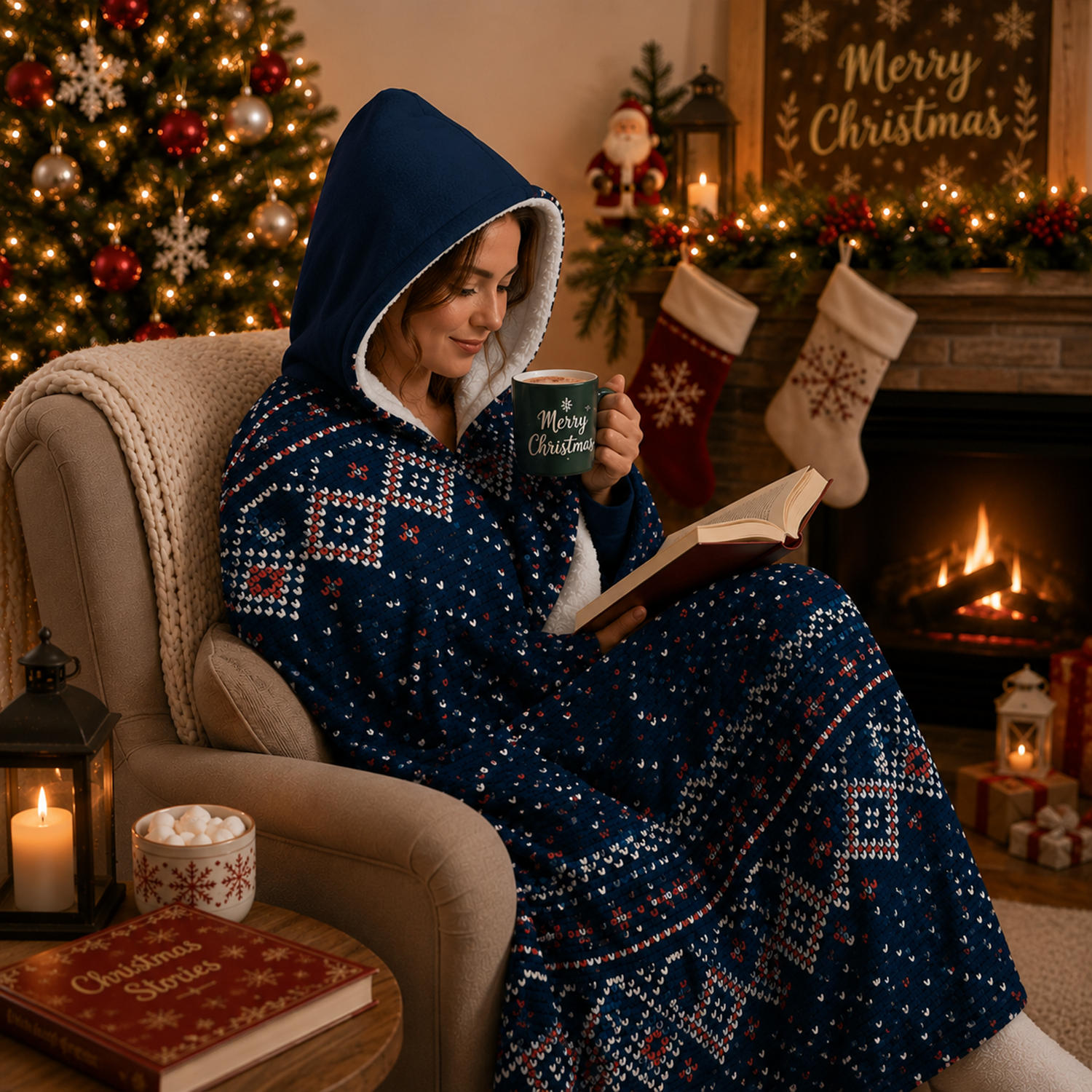 Personalized blue holiday hooded blanket as cozy Christmas gift for the whole family
