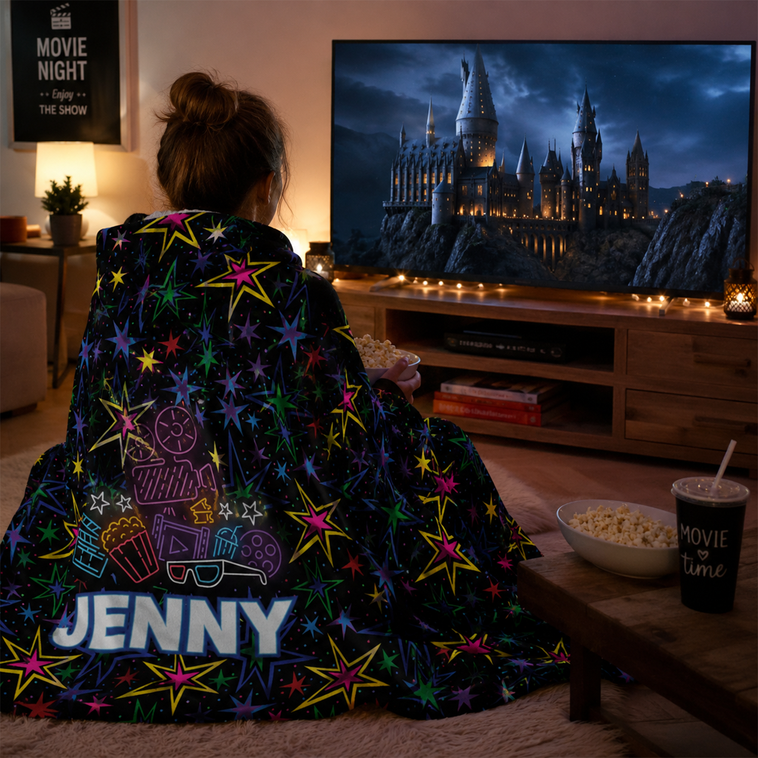 Person wearing personalized movie night hooded blanket as cozy cinema themed gift
