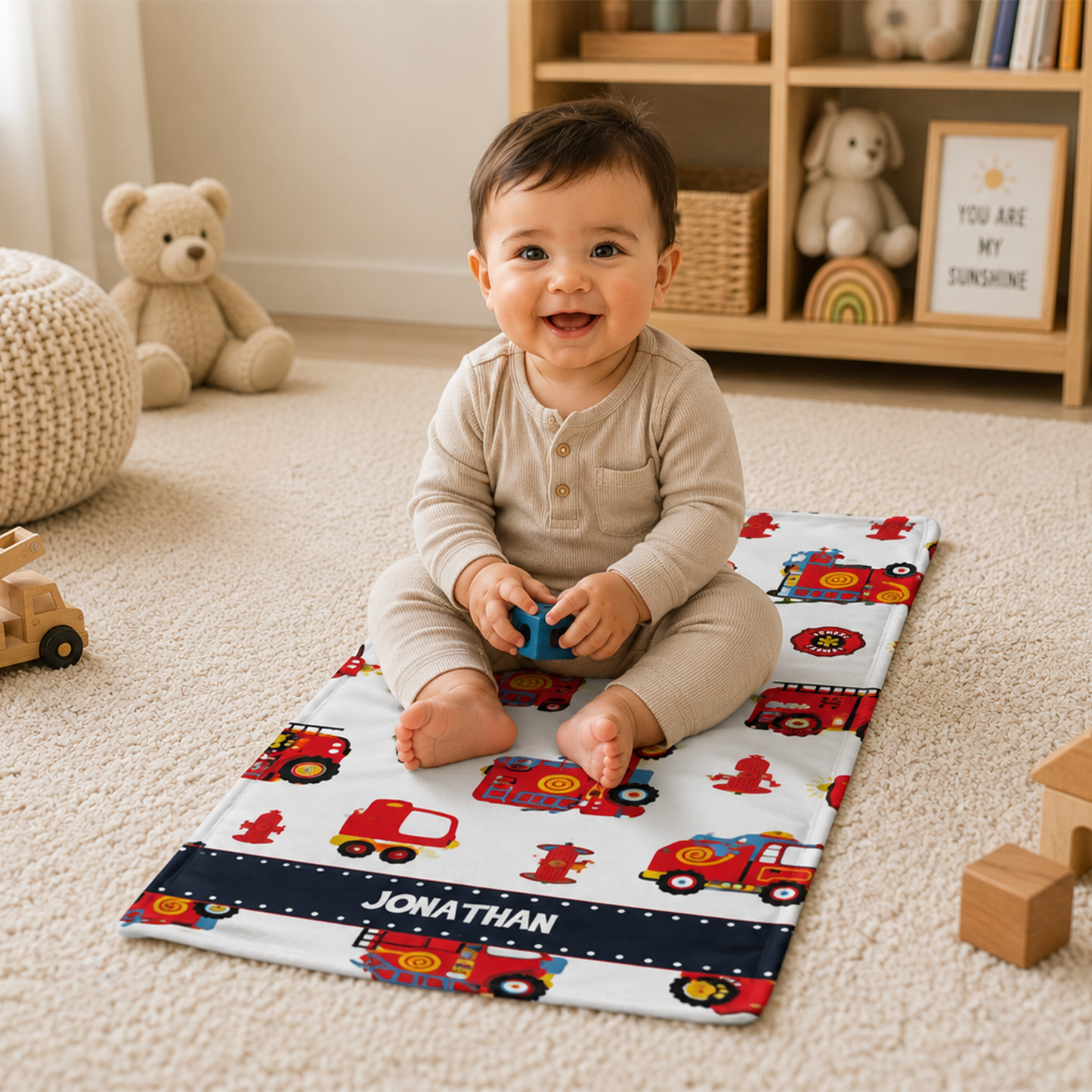 Close-up of custom name on fire truck red fleece baby blanket for baby boys
