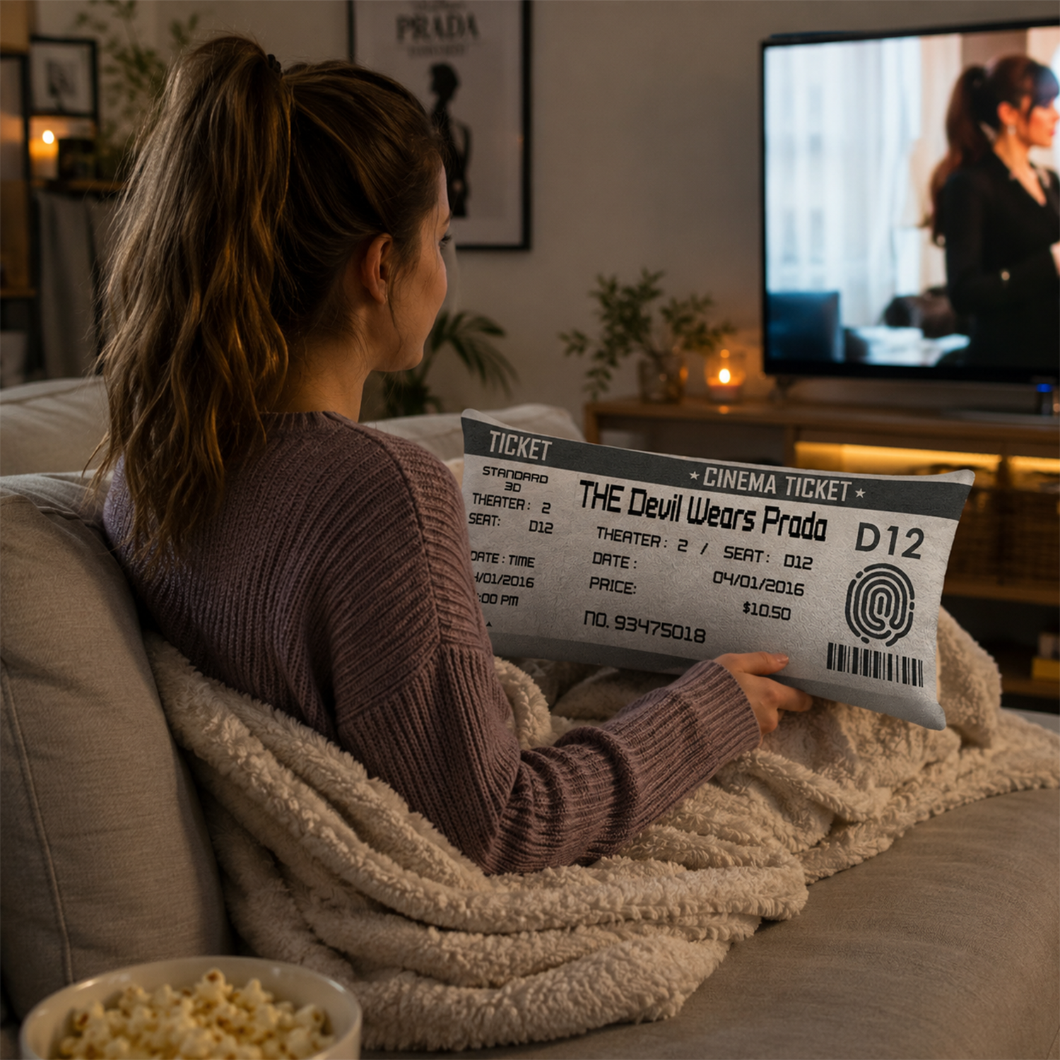 Close-up of custom film title on movie ticket cotton throw pillow 13 by 24 inch
