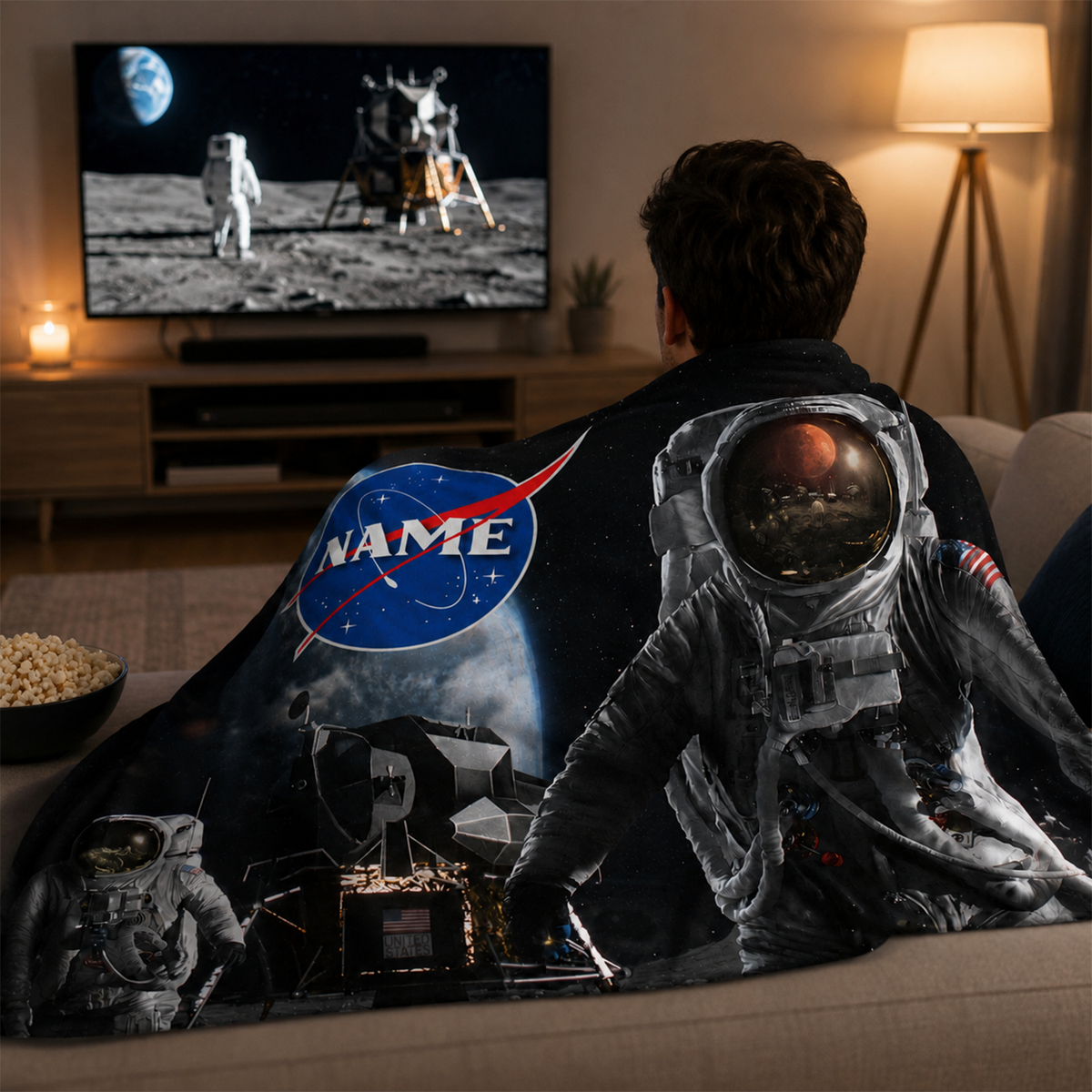 Close-up of custom name on man on the moon polyester fleece throw blanket design
