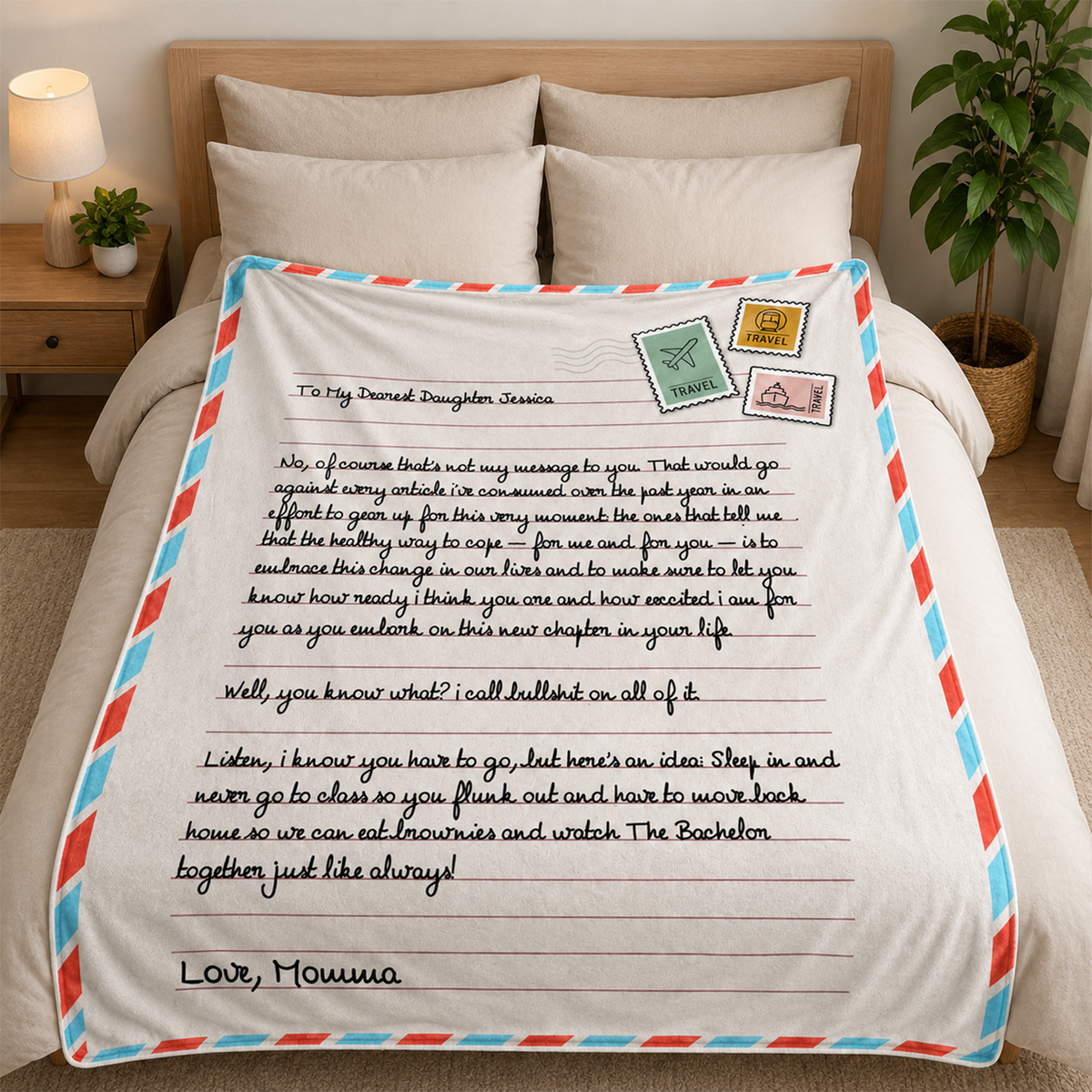 Close-up of custom message on letter air mail polyester fleece throw blanket detail
