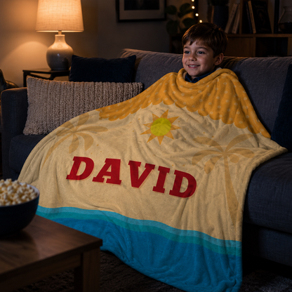 Close-up of custom name on fun in the sun kids polyester fleece throw blanket
