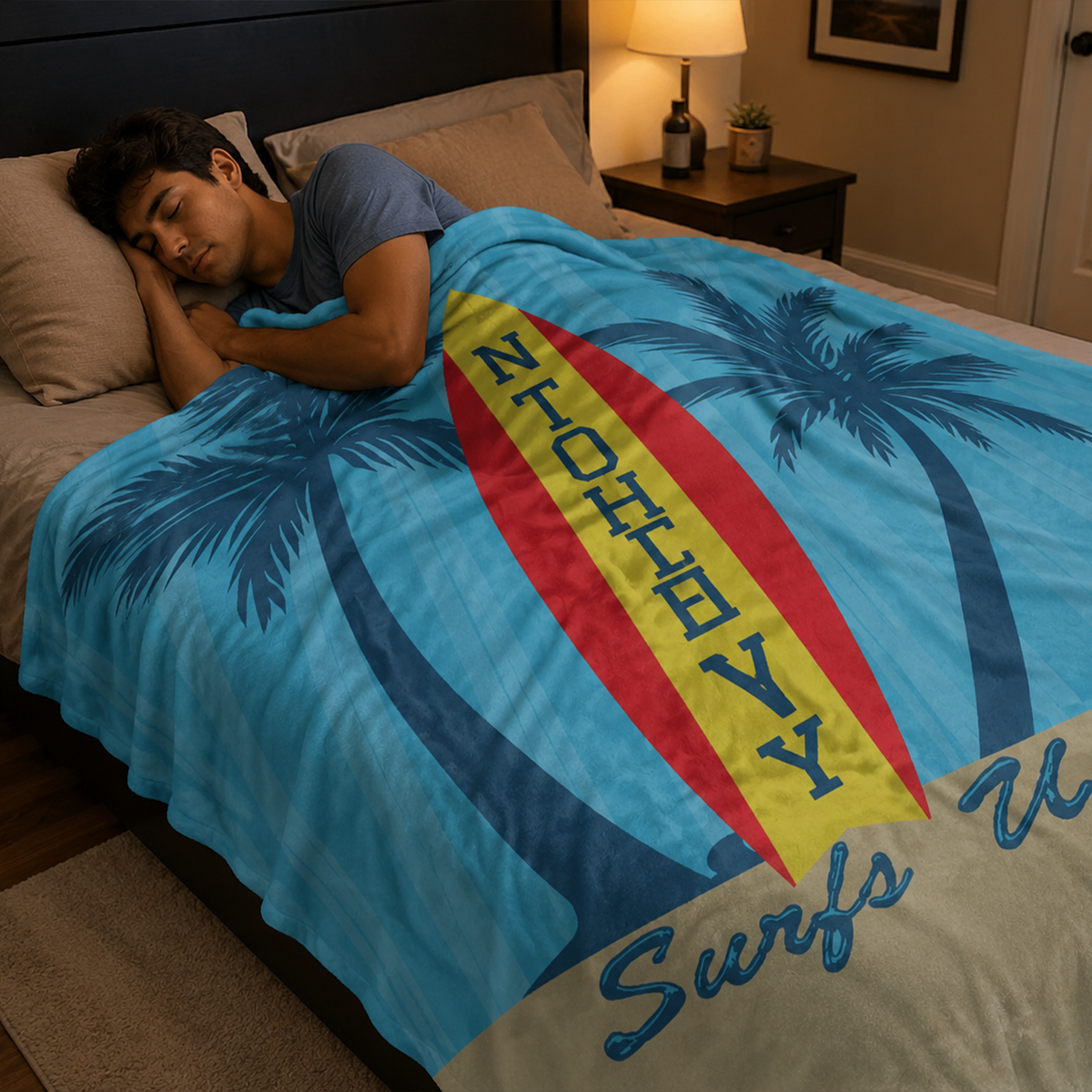 Close-up of custom name on surfs up kids polyester fleece throw blanket design
