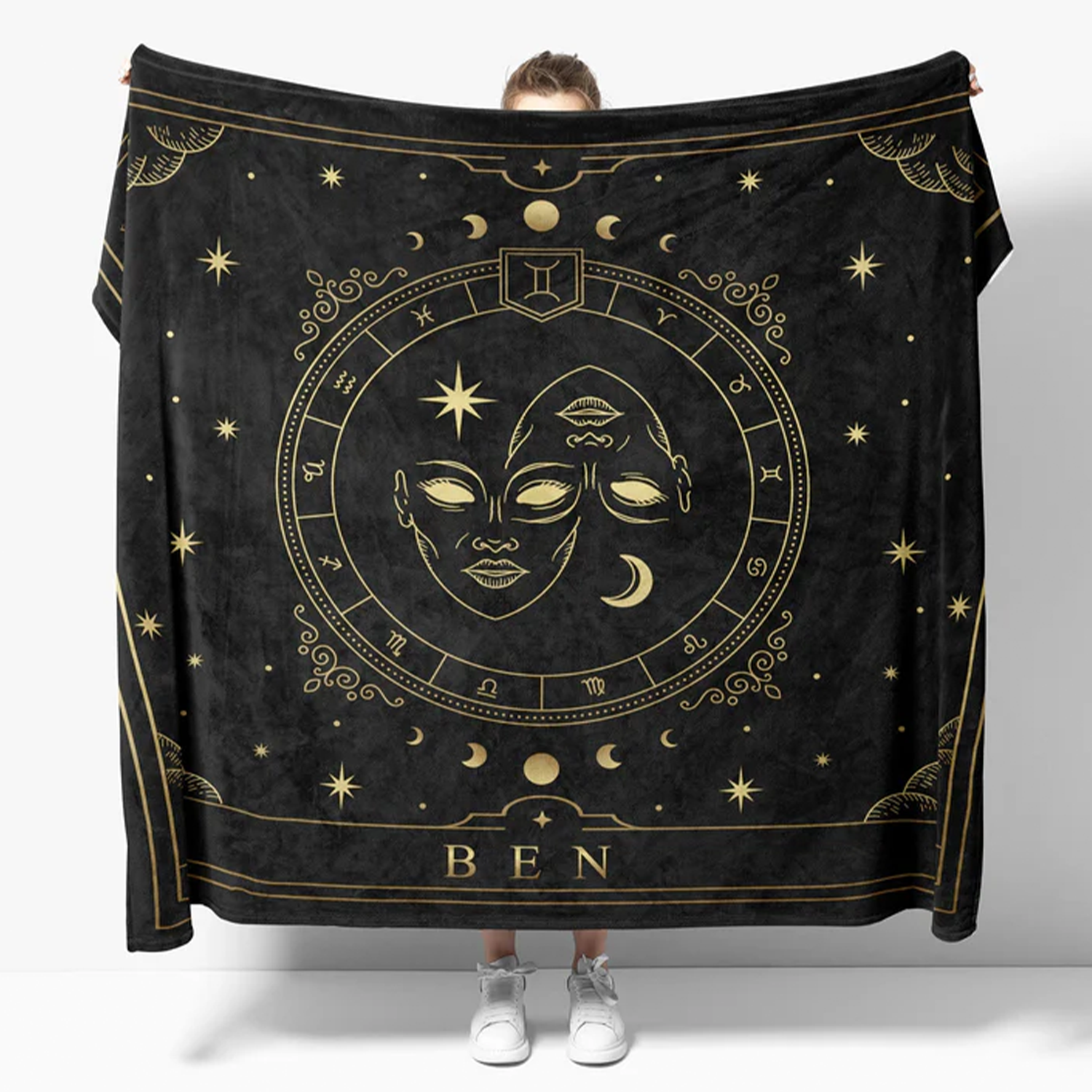 Close-up of custom zodiac star sign detail on personalized fleece throw blanket
