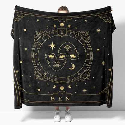 Close-up of custom zodiac star sign detail on personalized fleece throw blanket
