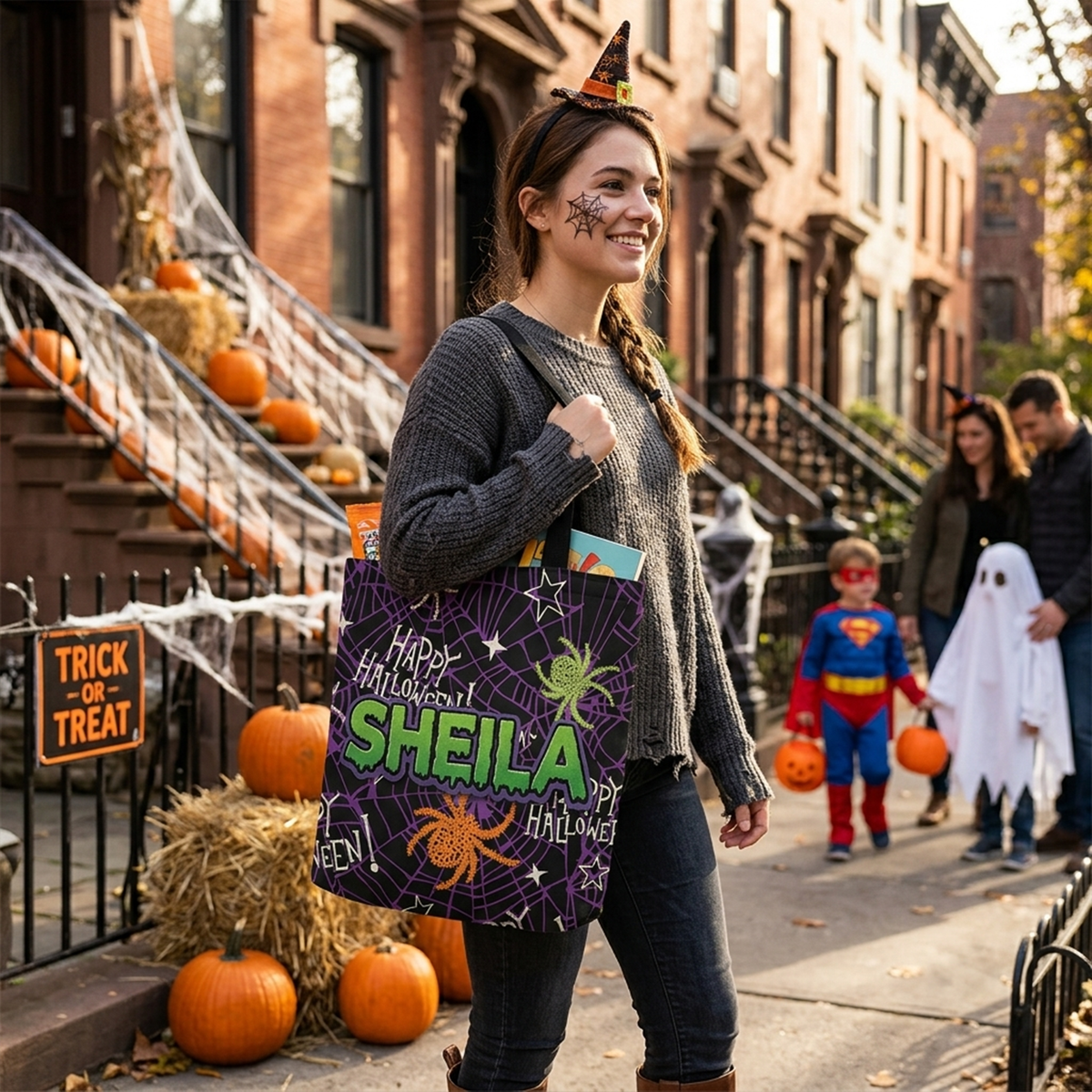 Close-up of custom name on Halloween spider web cotton canvas tote 15 by 16 inch
