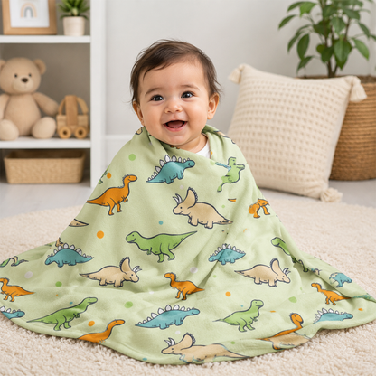 Close-up of custom name on colorful dinosaur fleece baby blanket for baby boys
