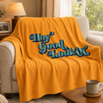 Close-up of hey good lookin retro design on polyester fleece throw blanket

