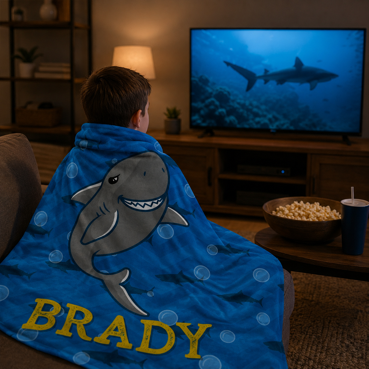 Child wrapped in personalized sharky bubbles throw blanket as birthday gift for kids
