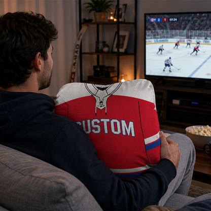 Close-up of custom name and number on hockey jersey polyester throw pillow cover