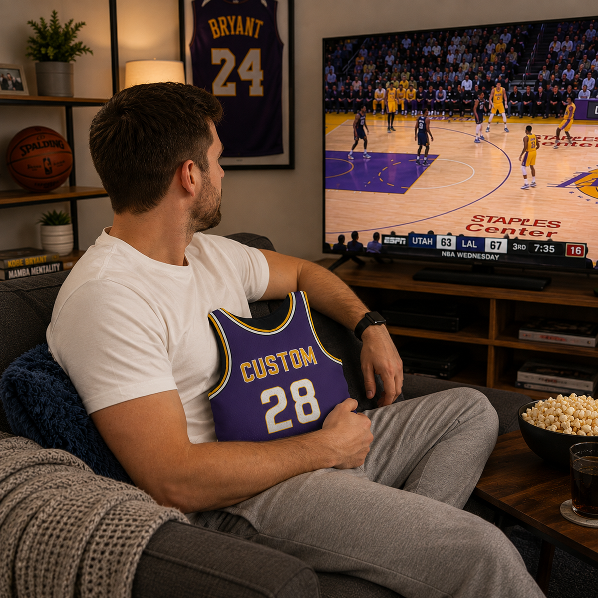 Custom name basketball jersey throw pillow in deep purple for fan birthday gift
