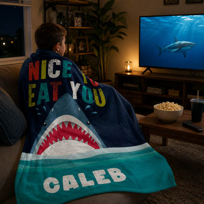 Close-up of custom name on shark kids polyester fleece throw blanket design
