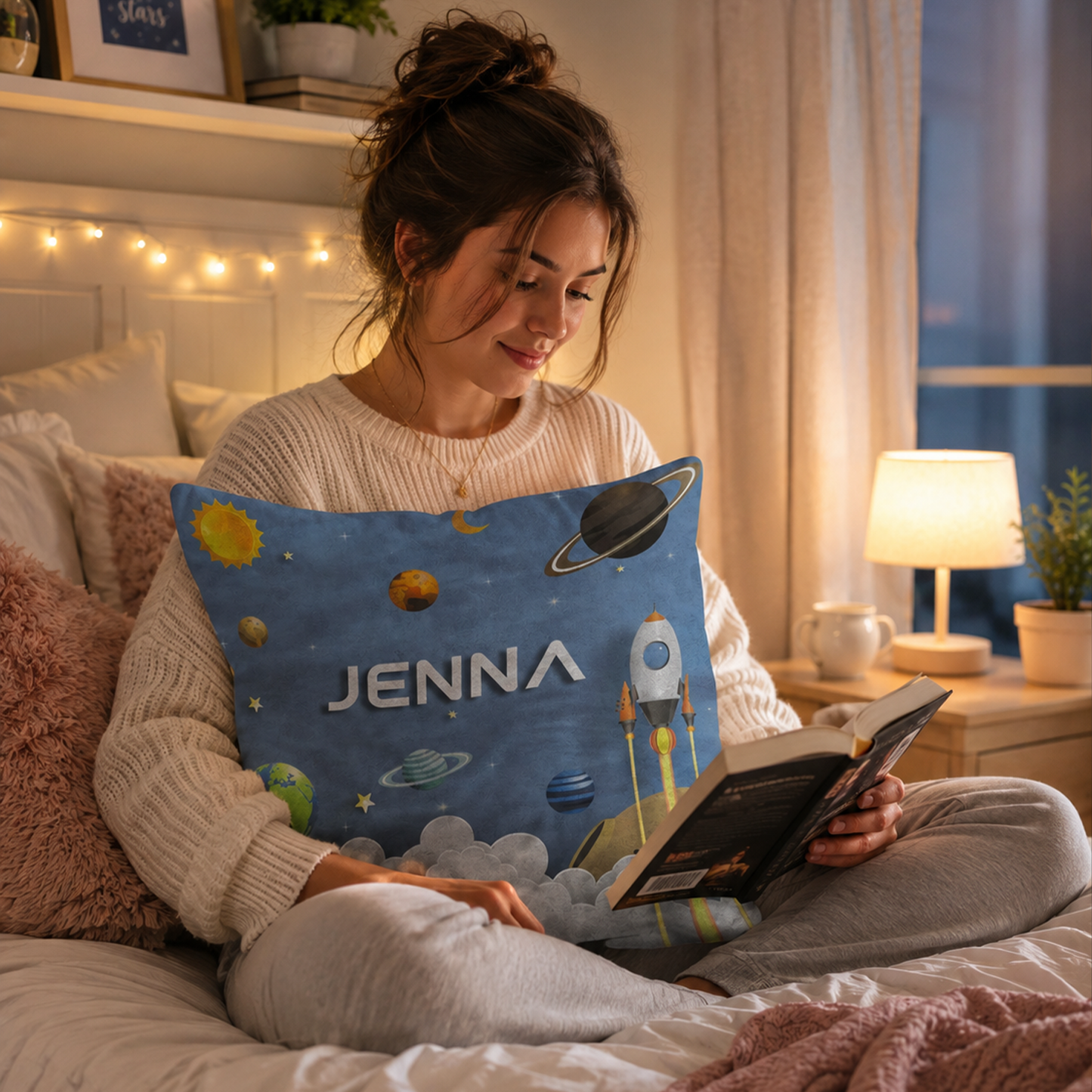 Spaceship personalized throw pillow with custom name in bold space design for kids
