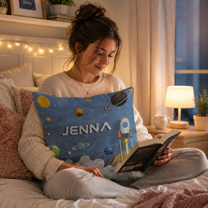 Spaceship personalized throw pillow with custom name in bold space design for kids
