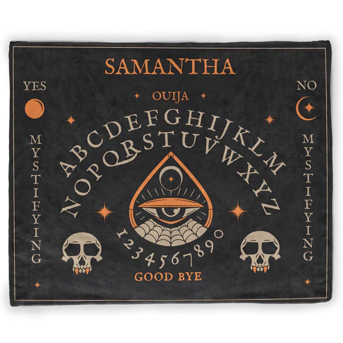 Ouija board throw blanket showing full 50 by 60 inch spooky gothic fleece design
