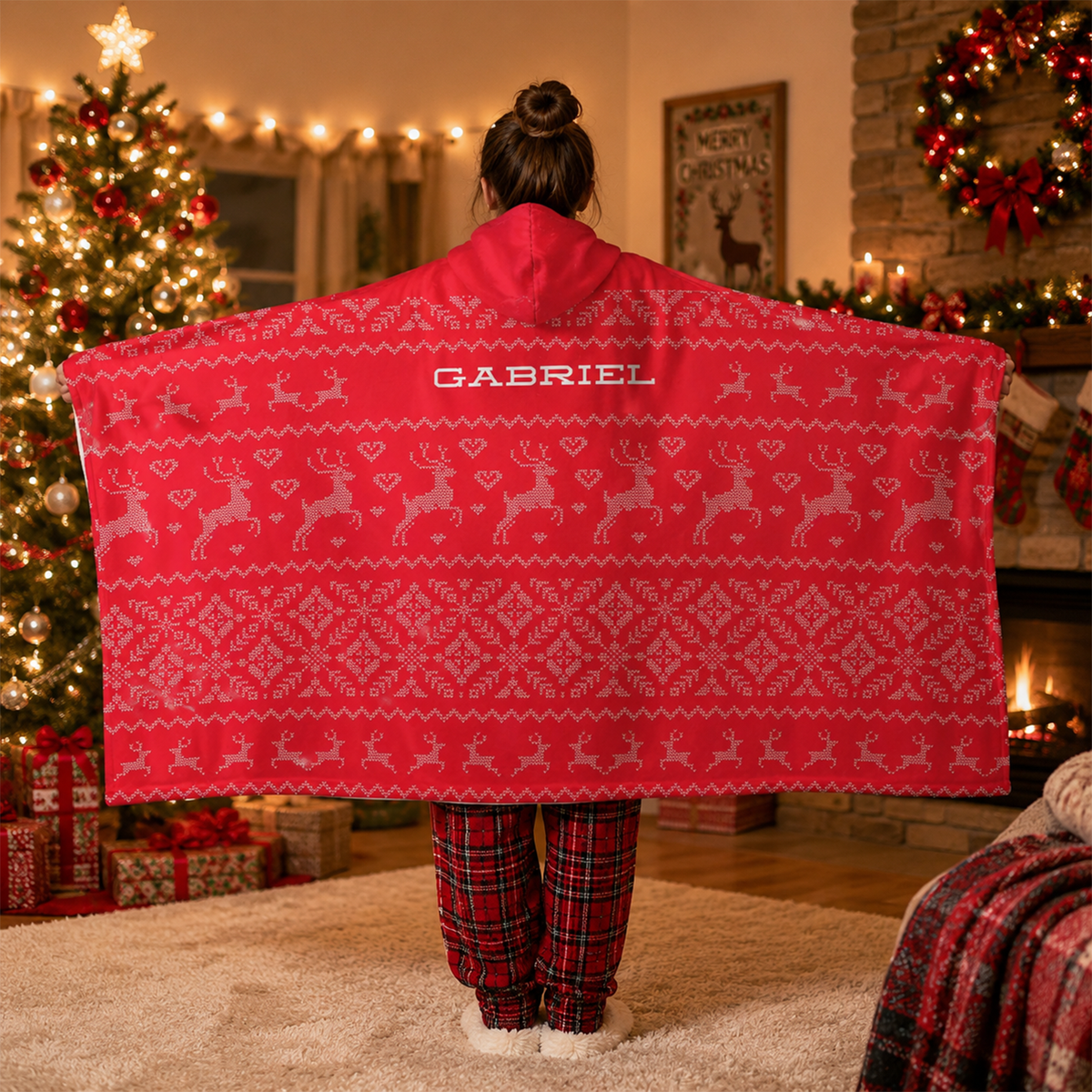 Red Christmas hooded blanket showing vivid festive sweater print and soft Minky texture
