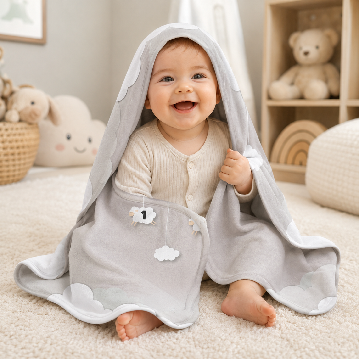 Close-up of custom name on counting sheep soft gray fleece baby blanket design
