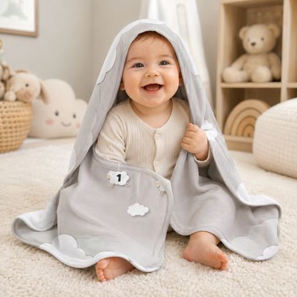Close-up of custom name on counting sheep soft gray fleece baby blanket design
