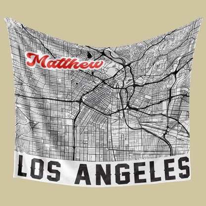 Close-up of custom city map detail on personalized polyester fleece throw blanket

