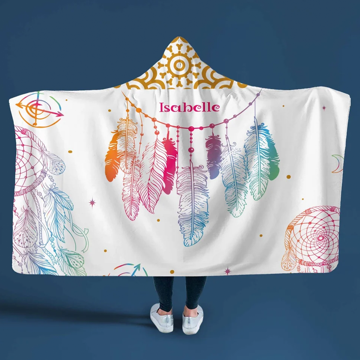 Woman wearing personalized dream catcher hooded blanket as meaningful birthday gift
