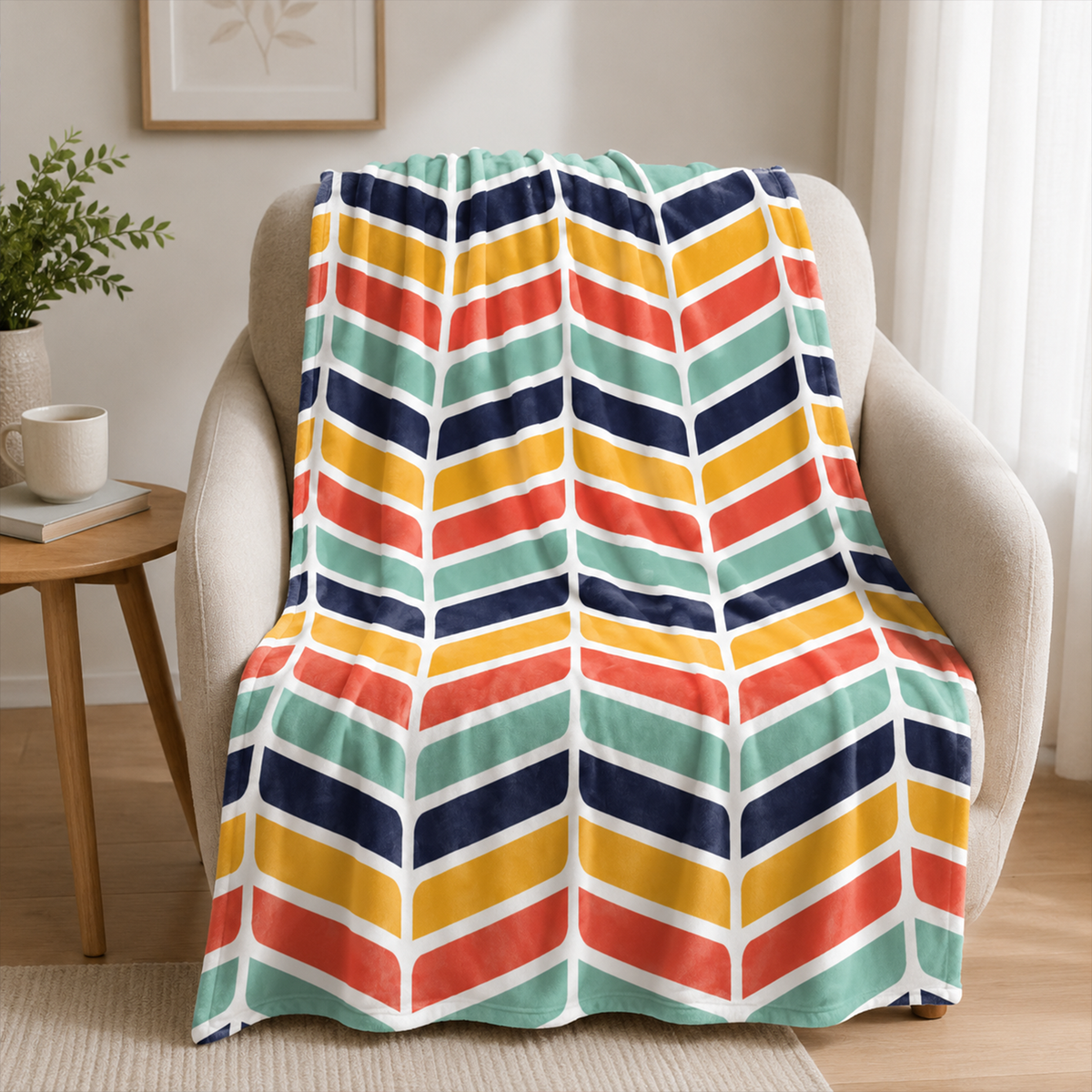 Close-up of chevron retro geometric design on polyester fleece throw blanket
