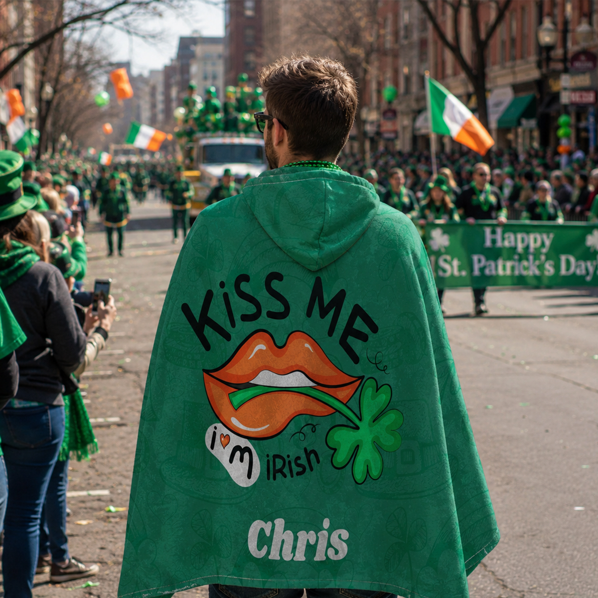 Kiss me Irish personalized hooded blanket showing full 47 by 78 inch Minky fleece
