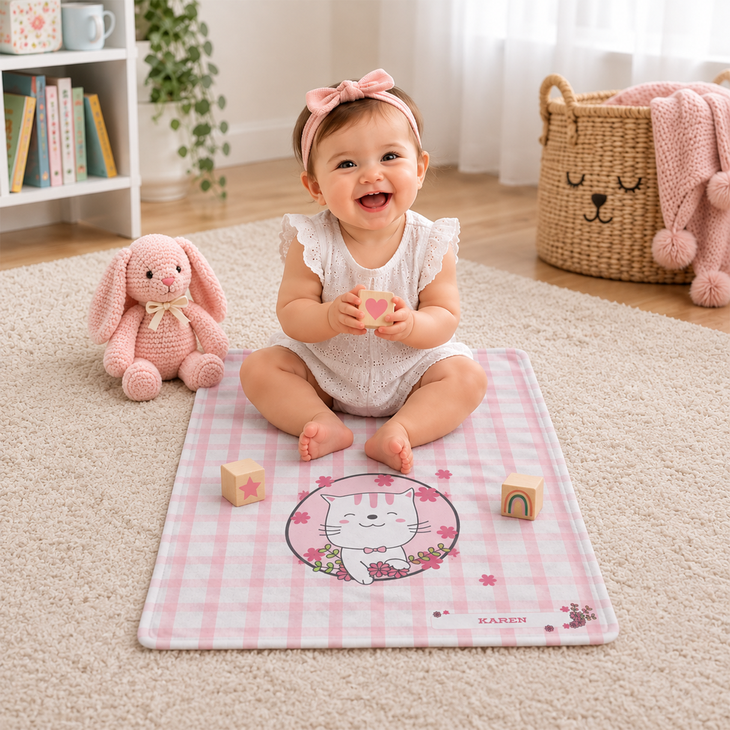 Close-up of custom name on pink bowtie kitten fleece baby blanket for baby girls
