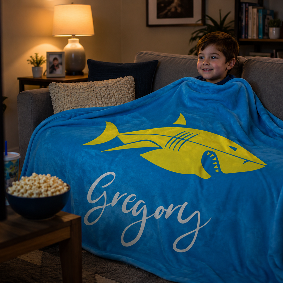 Custom name on flat shark polyester fleece throw blanket for kids who love sharks
