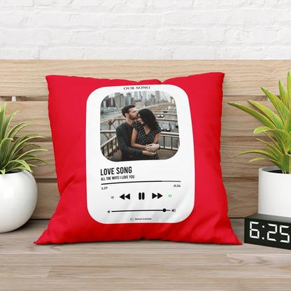 Close-up of custom photo and song printed on love song cotton throw pillow
