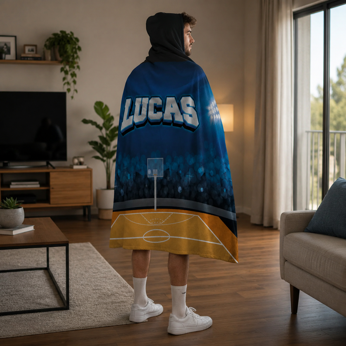 Close-up of custom name on basketball stadium Minky fleece hooded wearable blanket
