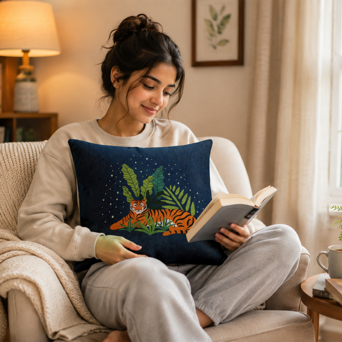 Resting tiger tribal pillow styled on couch as fierce boho home decor accent gift
