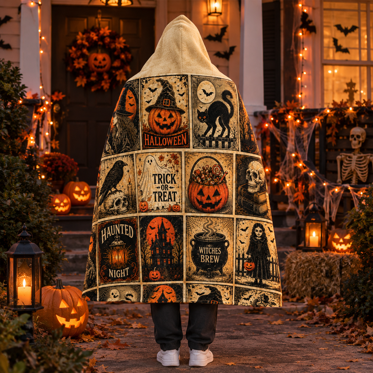 Vintage Halloween Woven Hooded Blanket | Trick or Treat Patchwork Design