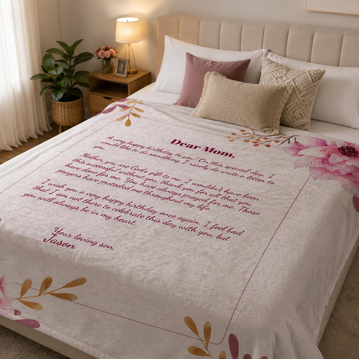 Close-up of custom message on letter pink floral polyester fleece throw blanket
