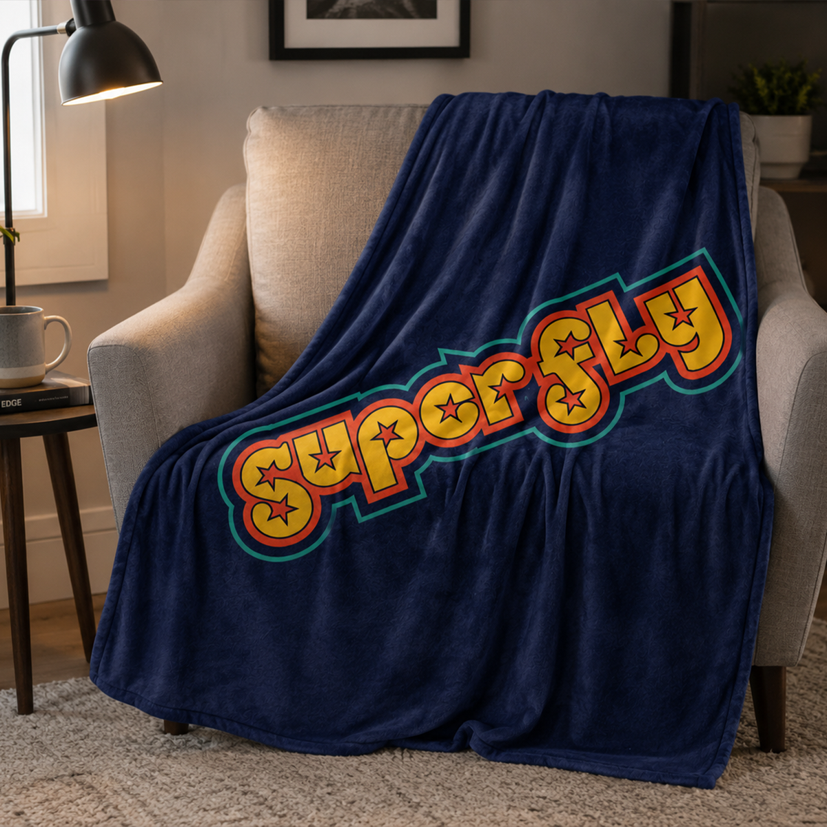 Close-up of superfly funky retro design on polyester fleece throw blanket
