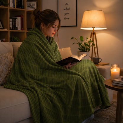 Green tribal throw blanket showing vivid edge to edge earthy boho pattern and colors
