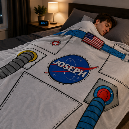 Close-up of custom name on astronaut suit polyester fleece throw blanket

