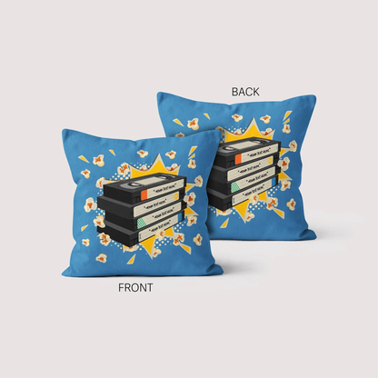 Close-up of custom movie titles on VHS stack cotton throw pillow 