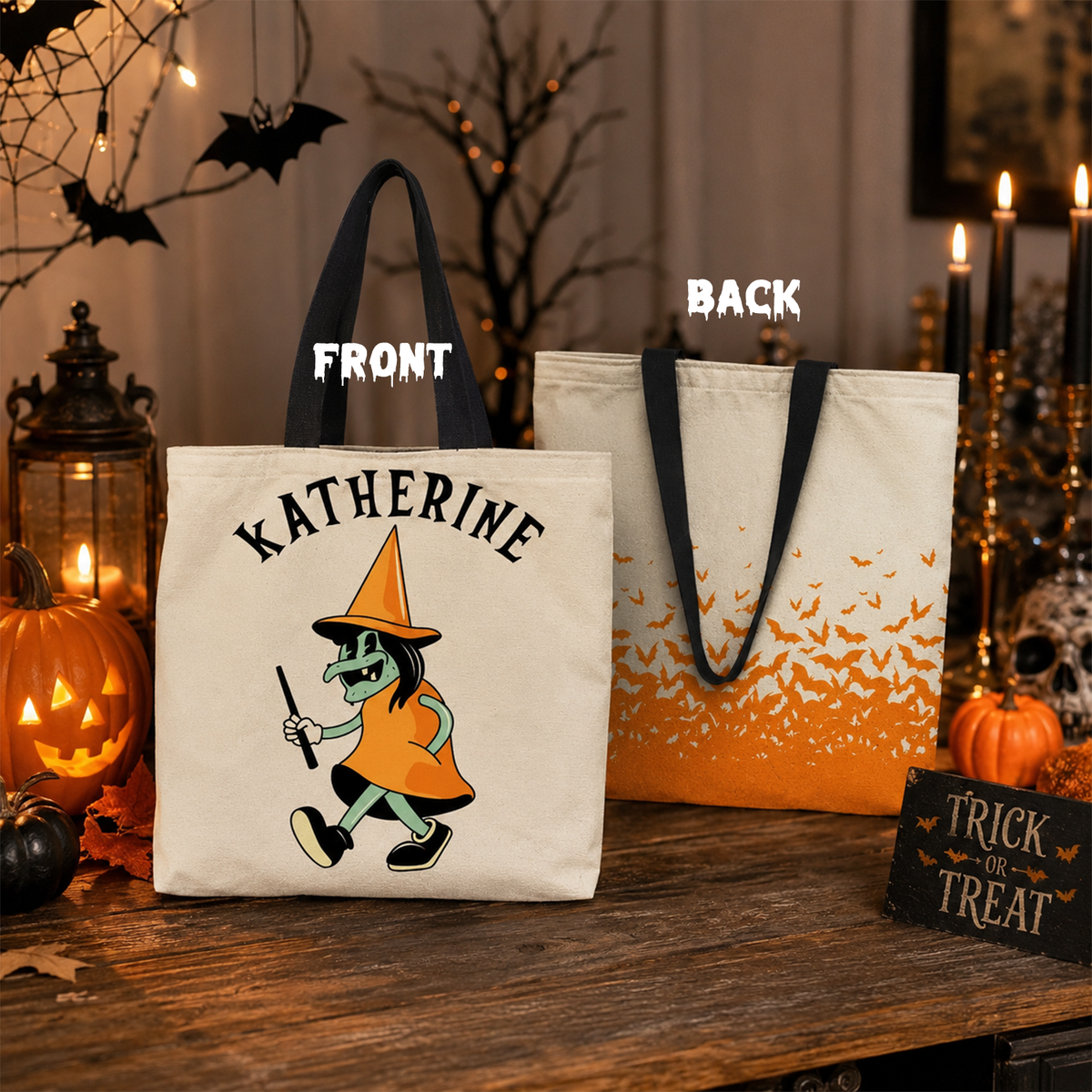Close-up of custom name on retro Halloween witch cotton canvas tote 15 by 16 inch

