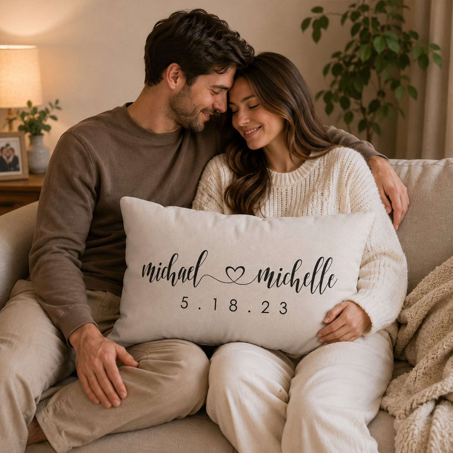 Custom monogram on wedding cotton lumbar pillow as elegant gift for couples
