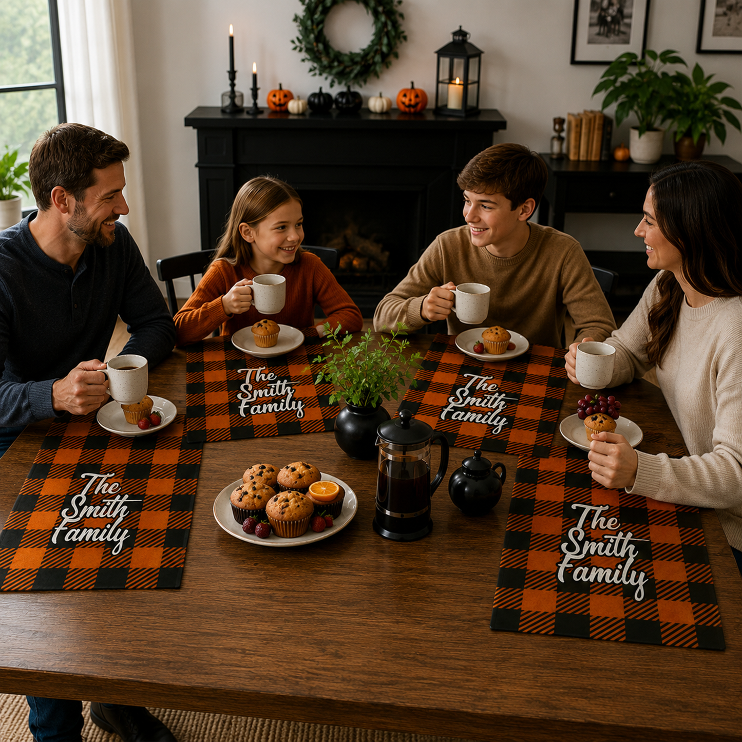 Personalized black and orange gingham tea towel draped as fall Halloween hostess gift
