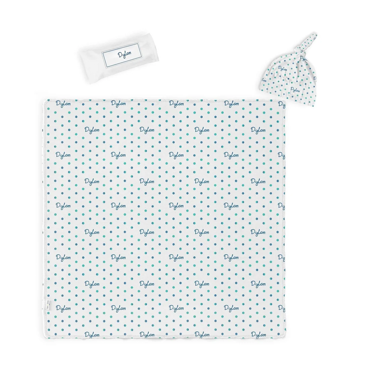 Personalized watercolor polka dot swaddle set as colorful baby shower gift for parents
